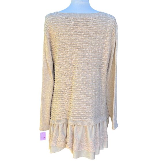 Womens Beige Layered Knit Sweater With Lace Peplum Trim Simply Couture XL - Picture 4 of 9